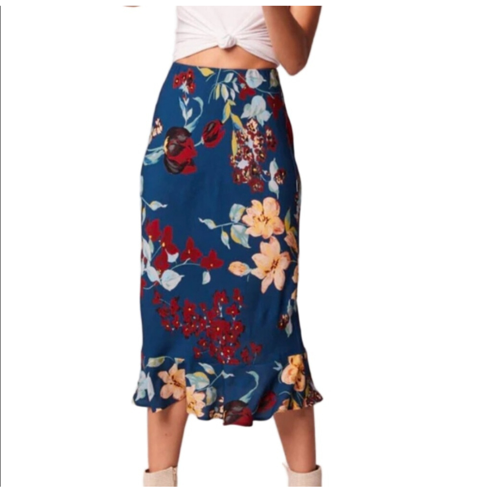 B.O.G Pisa Women's Teal Floral Ruffle Trim Midi Slip Skirt Size S NWT